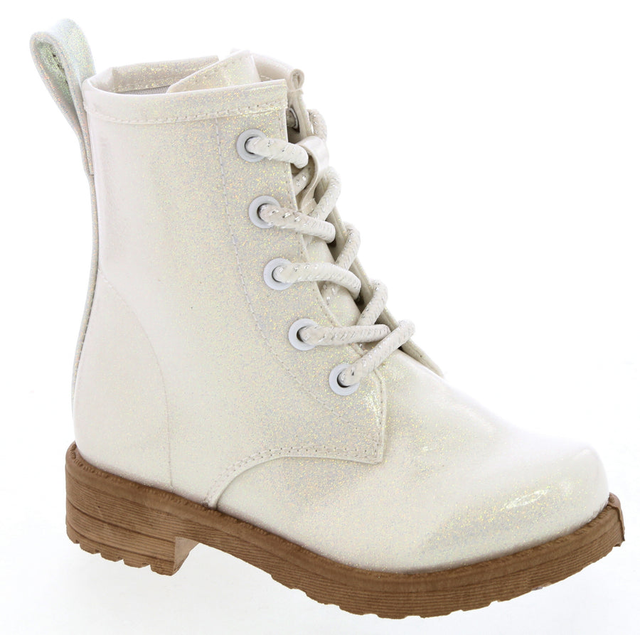 Patent Glitter Toddler Combat Boot (WHITE)