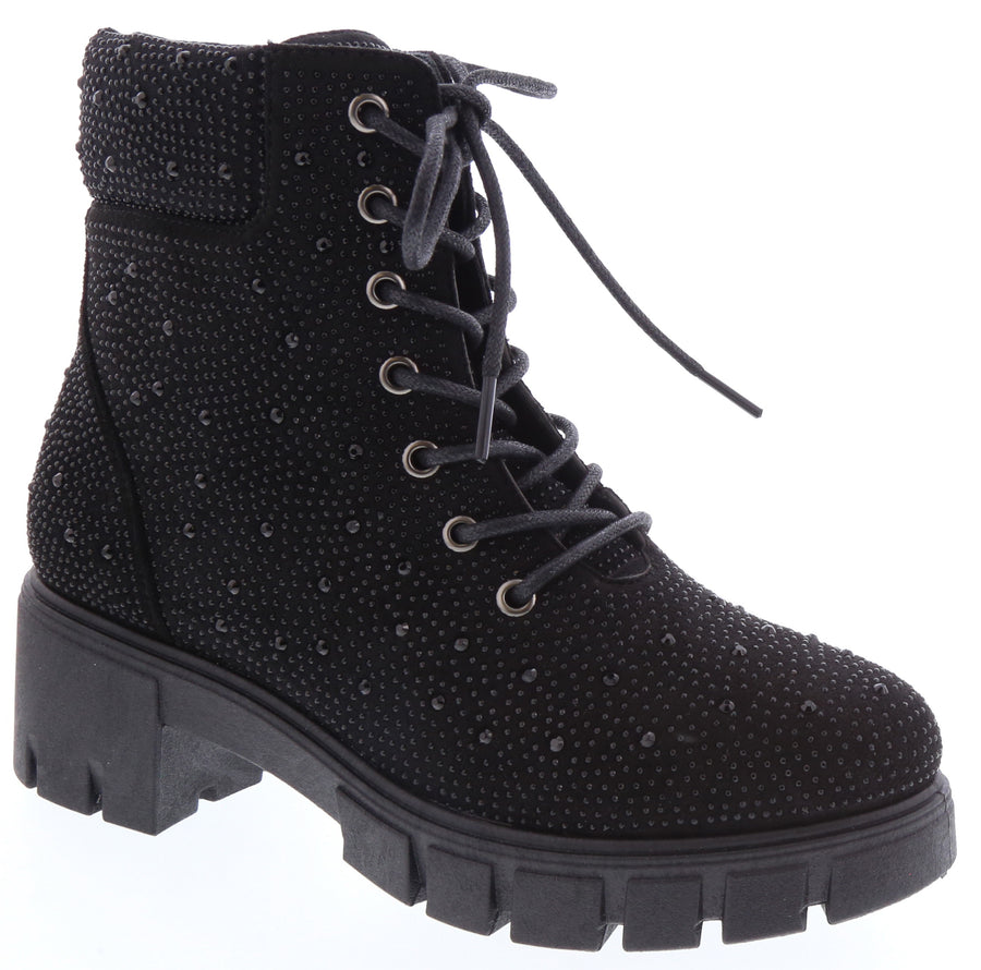 Rhinestone Lug Sole Combat Boot (BLACK)