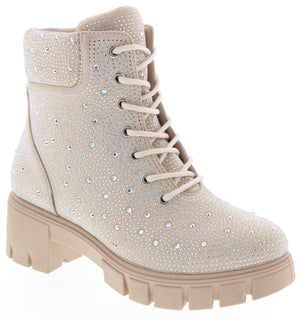 Rhinestone Lug Sole Combat Boot (STONE)