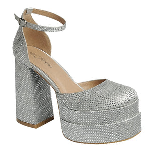 Rhinestone Ankle Strap Chunky Platform Pump (SILVER)