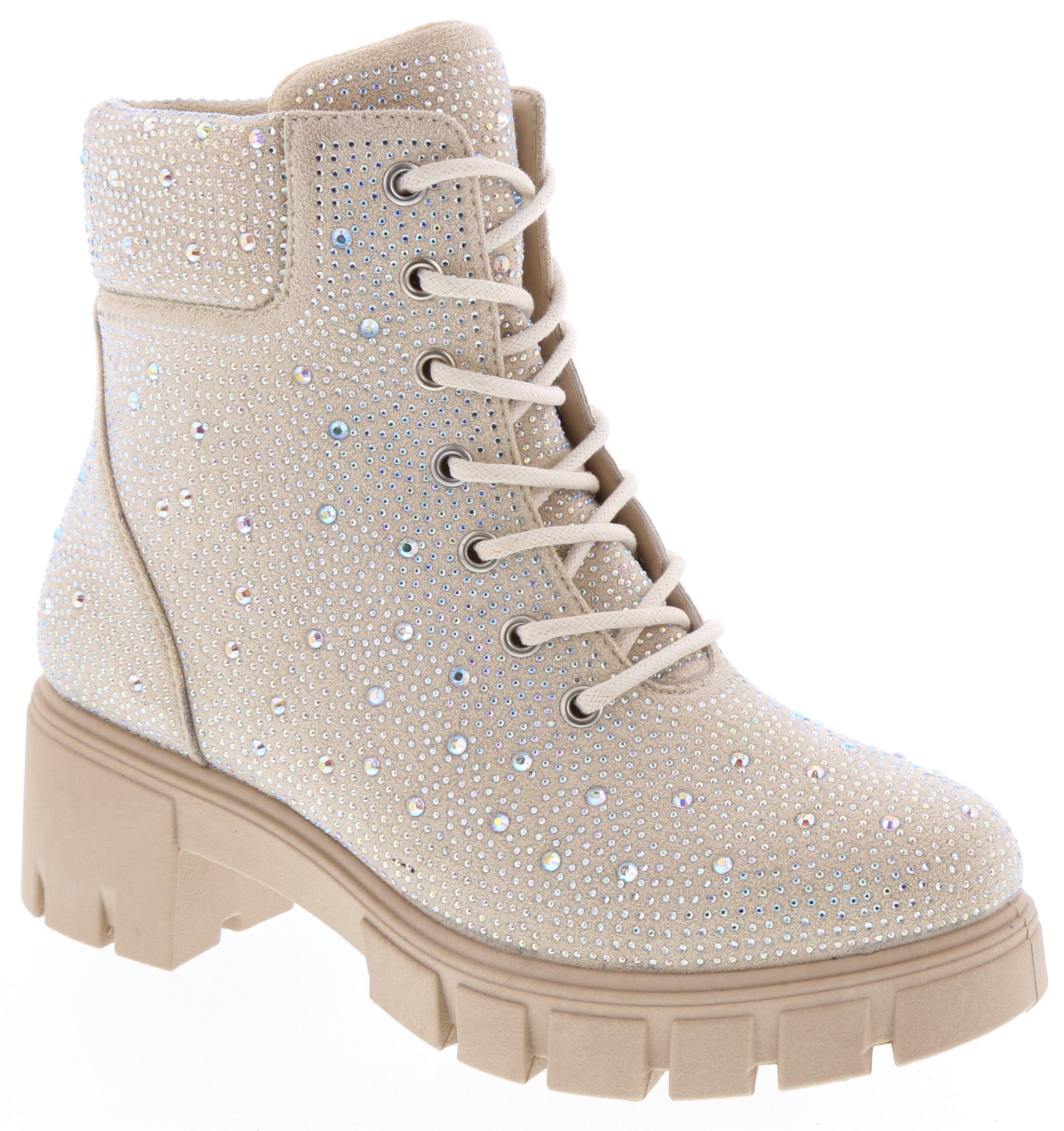 Rhinestone Lug Sole Combat Boot (STONE) - LOV Shoes